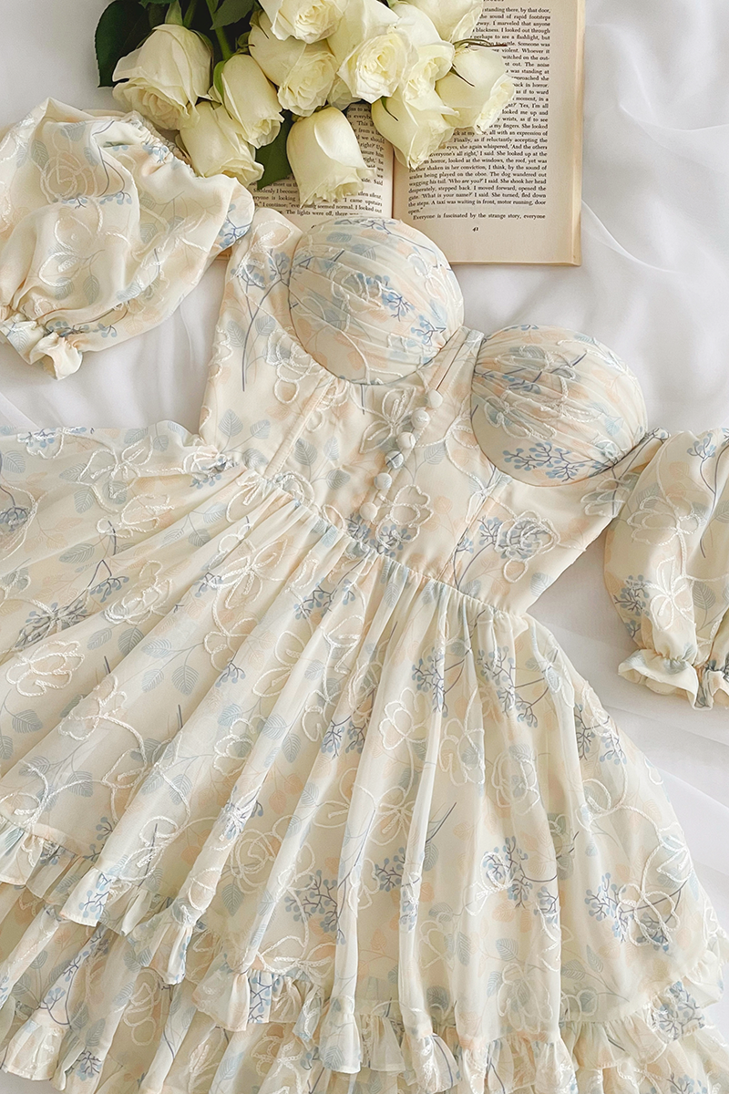 Off Shoulder Puff Sleeve Button Layered Floral Mini Dresses-Beige