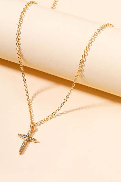 Rhinestone Cross Pendant Alloy Necklace-Gold