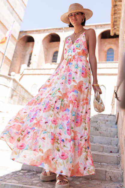 V Neck Backless Quilted Floral Print Vacation Maxi Slip Dresses