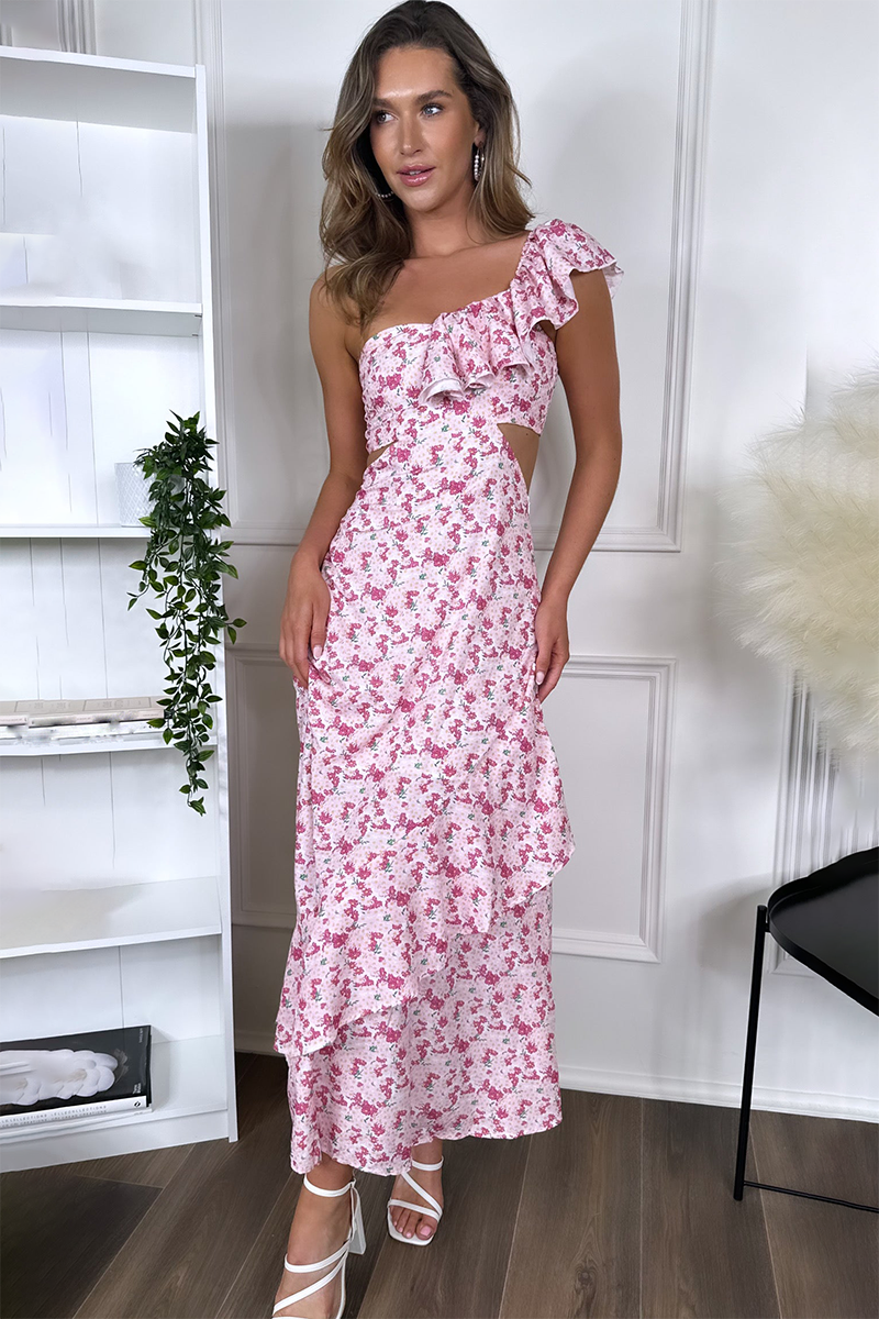 Floral Print Frilled One Shoulder Waist Cutout Midi Dresses-Pink