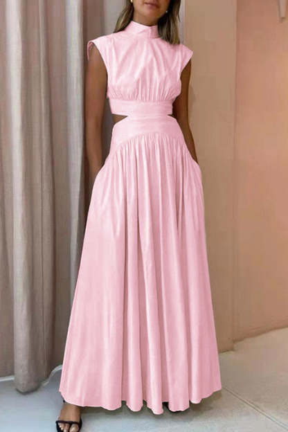 Stand Collar Sleeveless Open Waist Dress Maxi Dresses