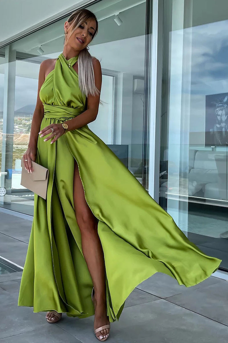 Deep V Neck Wrap Strap High Slit Satin Formal Party Maxi Dress