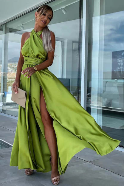 Deep V Neck Wrap Strap High Slit Satin Formal Party Maxi Dress
