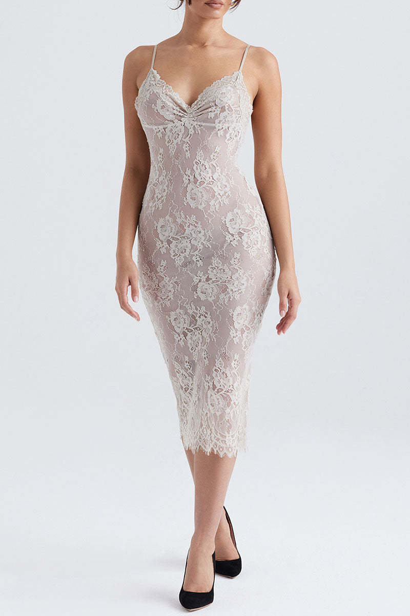 Floral Lace Slip V Neck Backless Cocktail Party Midi Dresses