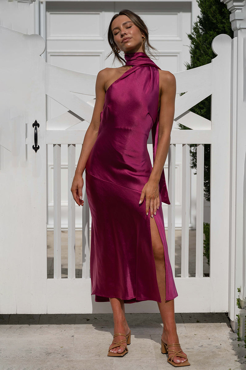 High Halter Open Back Slit Midi Dresses