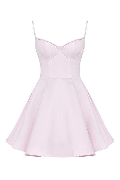 Spaghetti Strap Deep V Neck Cinch Waist Mini Dresses-Pink