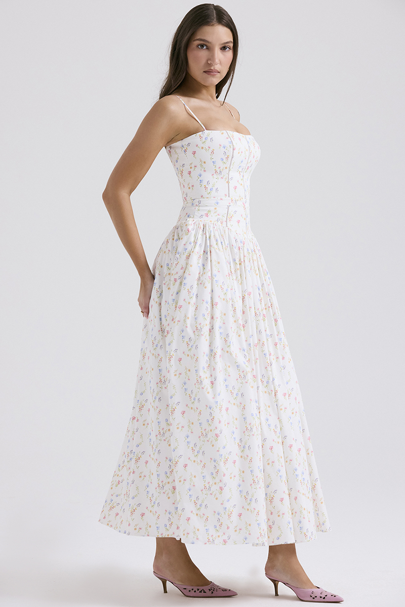 Ditsy Floral Print Boat Neck Corset Slip Midi Dresses-White