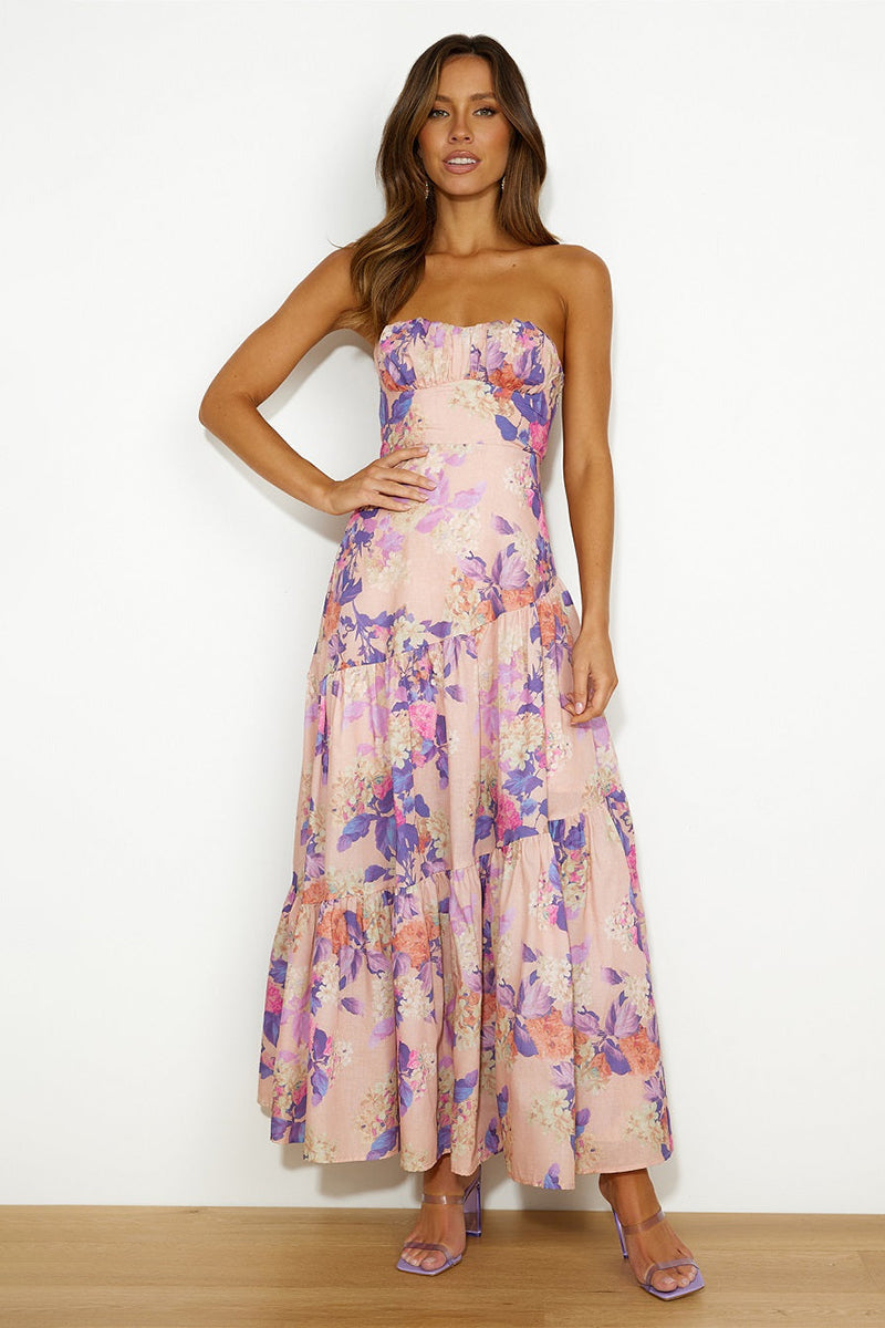 Boat Neck Backless Irregular Pleated Flowy Floral Print A-line Vacation Maxi Dresses