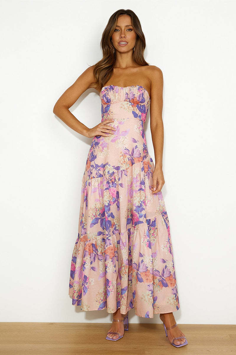 Boat Neck Backless Irregular Pleated Flowy Floral Print A-line Vacation Maxi Dresses