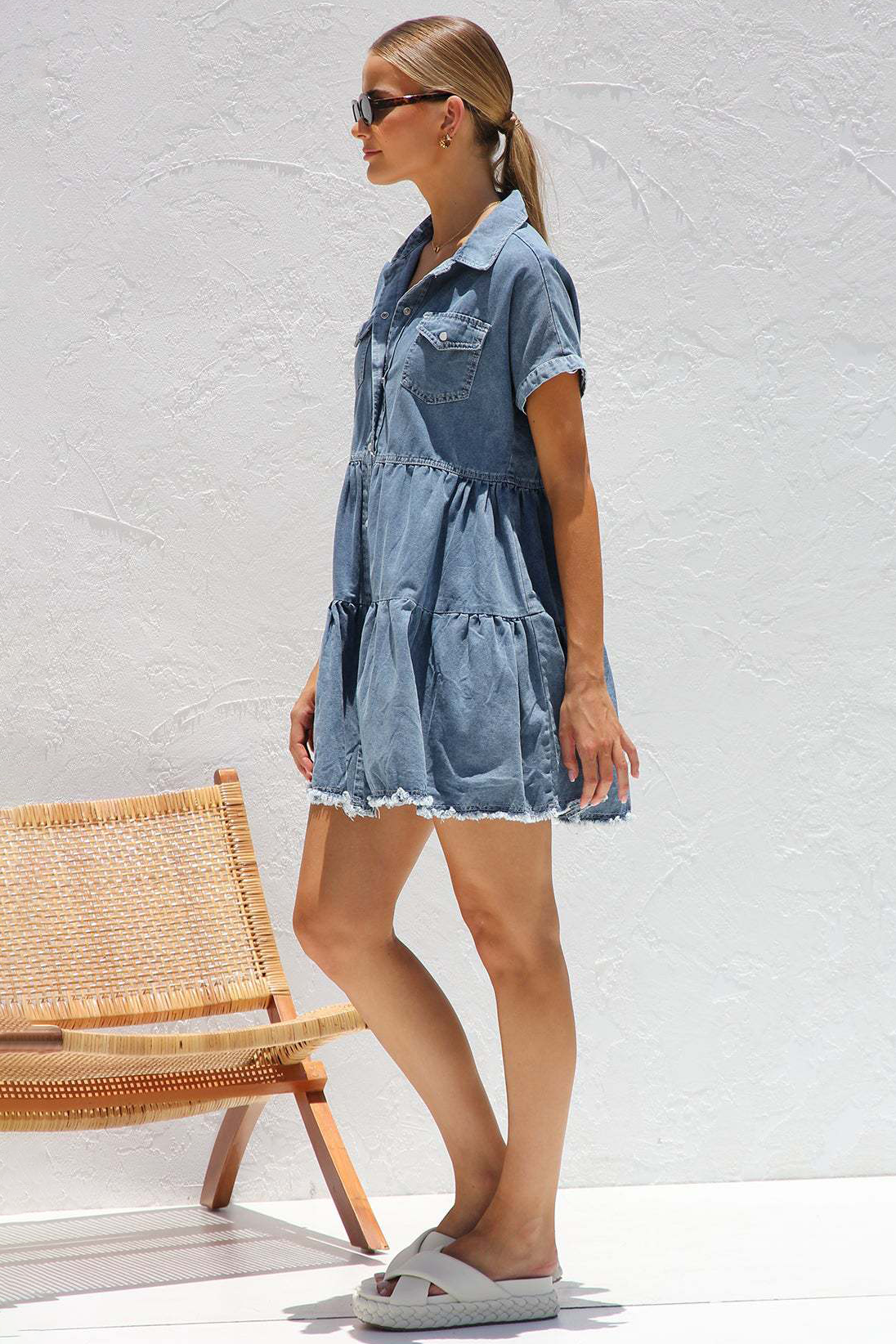 Denim Turndown Collar Short Sleeve Pocket A-Line Loose Fit Blouse Mini Dresses-Blue