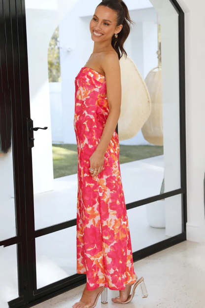 Floral Print Strapless Cut Out Flowy Satin Vacation Maxi Dresses