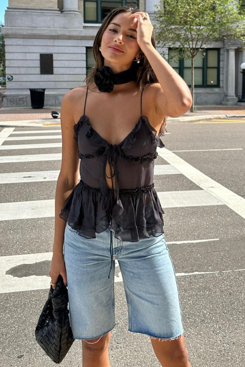 Deep V Neck Front Tie Up Spaghetti Strap Ruffled Cami-Black