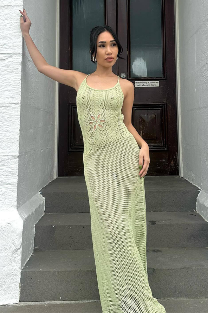 Knit Hollow Out Tied Up Backless Cover Ups Vacation Slip Maxi Dresses-White