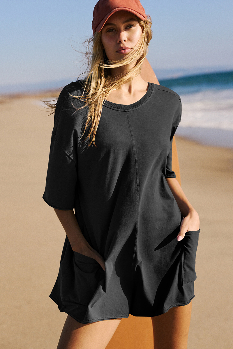 Solid Color Half Sleeve Backless Pocket Loose Fit Casual Playsuit Romper-Khaki