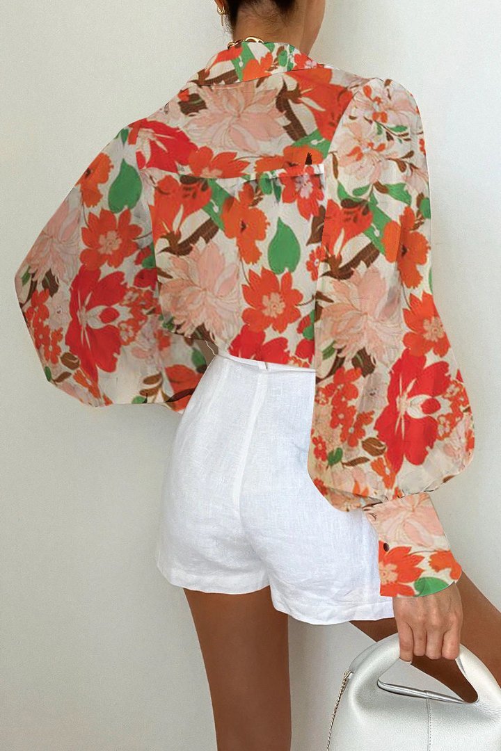 Print Sheer Puff Sleeves Blouse