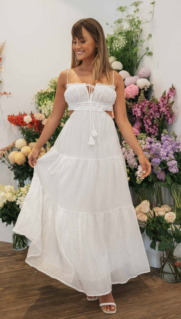 Tied Up Backless Ruched Tiered Pleated Slip Maxi Dress