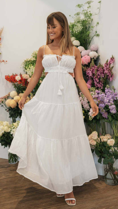 Tied Up Backless Ruched Tiered Pleated Slip Maxi Dress