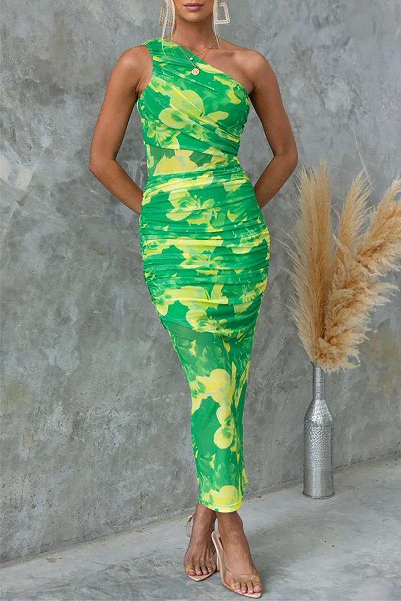 Sleeveless One Shoulder Floral Print Slim Fit Ruched Midi Dresses-Green