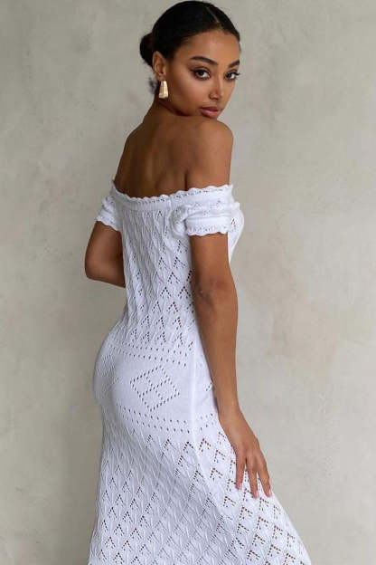 Off Shoulder Hollow Out Boho Knit Fringe Hem Vacation Maxi Dresses-White