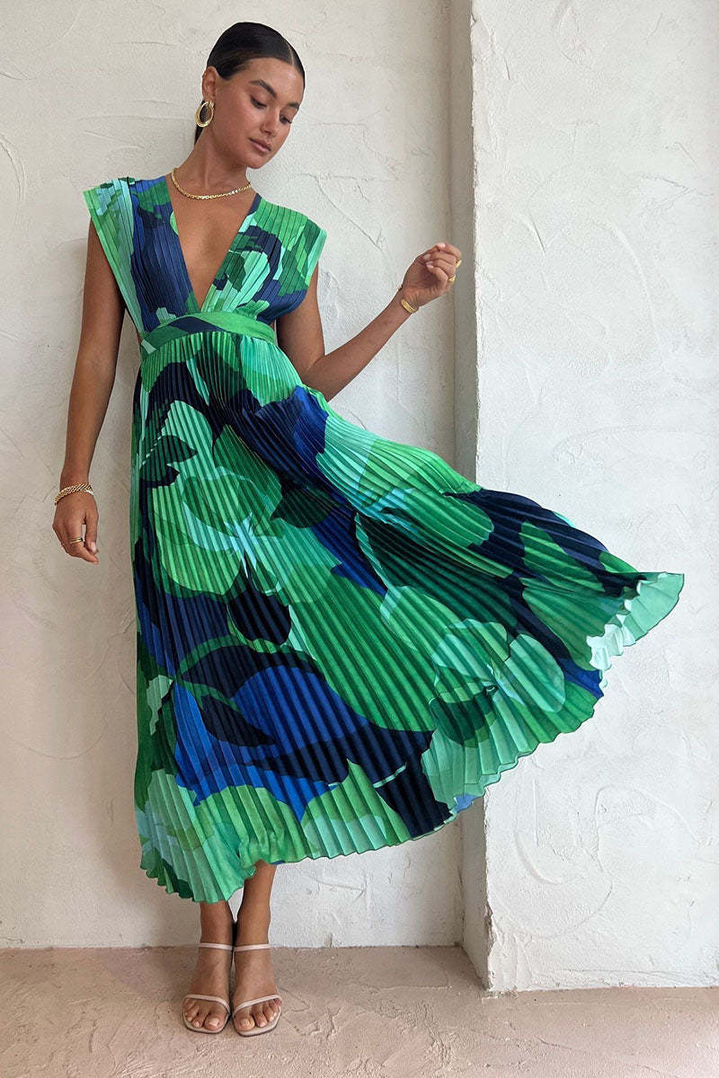 V Neck Sleeveless A-Line Print Maxi Dresses