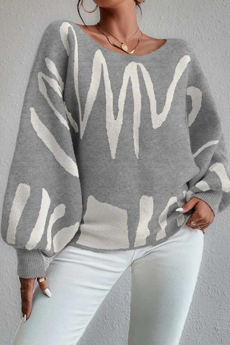 Knit Pattern Print Balloon Sleeve Sweater-Blue