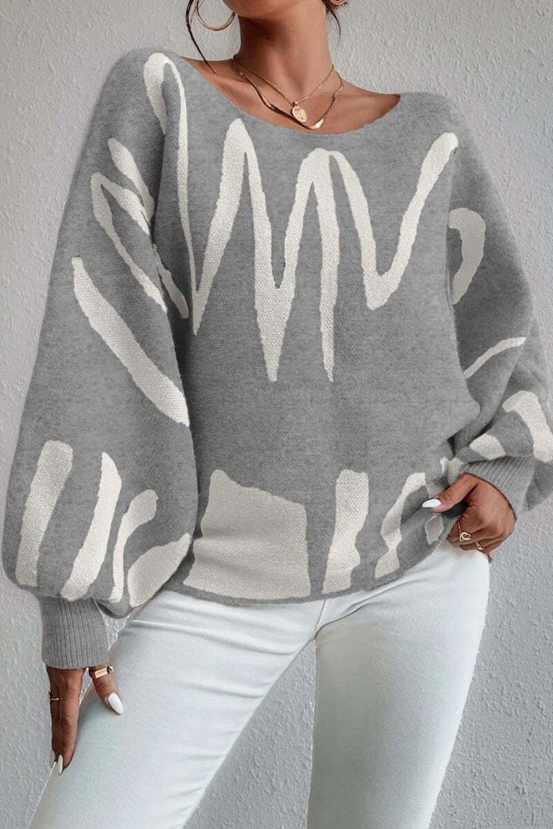 Knit Pattern Print Balloon Sleeve Sweater-Blue