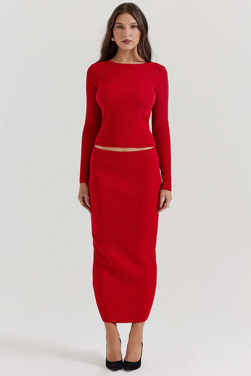 Pit Knit Long Sleeve Ribbon Back Crop Top Solid Midi Skirt Matching Set-Red