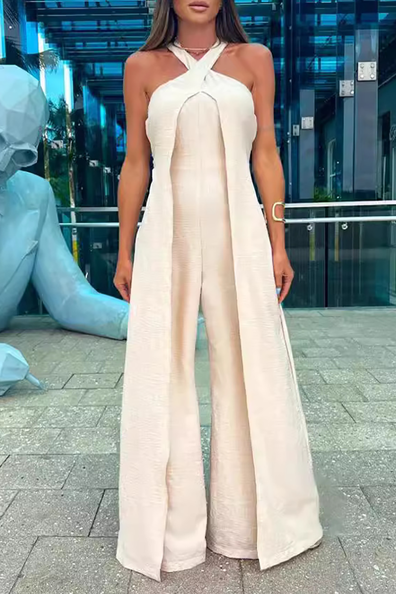 Sleeveless Halter High Waist Overlay Wide Leg Jumpsuit-Beige