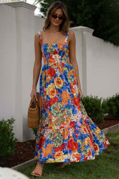 Square Neck Sleeveless Floral Print Pleated Vacation Maxi Dresses