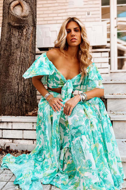 V Neck Flare Sleeve Knotted Top Floral Maxi Skirt 2pcs Set-Green Pre Order