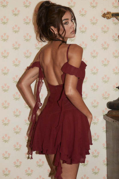 Ruffle V Neck Sash Backless Layered Mini Dresses-Burgundy Pre Order