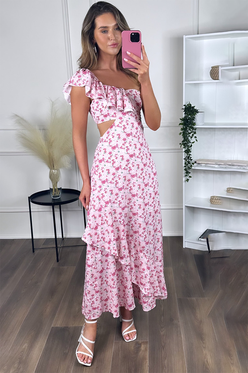 Floral Print Frilled One Shoulder Waist Cutout Midi Dresses-Pink