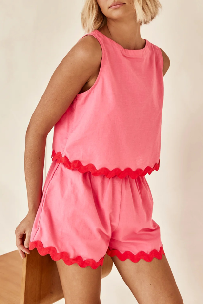 Colorblock Wavy Grain Trim Tank Top Pocket Shorts Matching Set-Pink