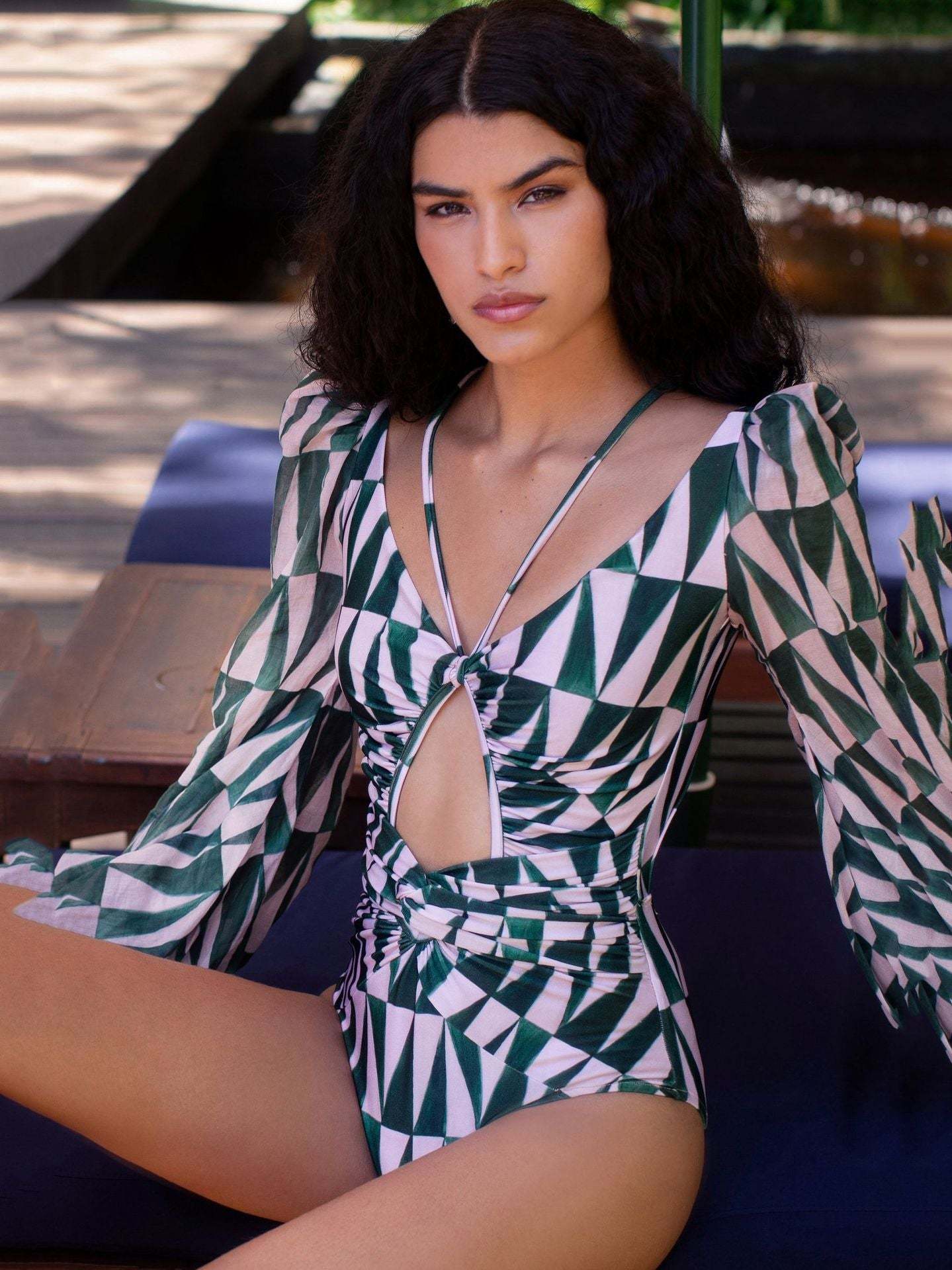 Longsleeves Printed Cutout Backless One- Piece Swimsuit