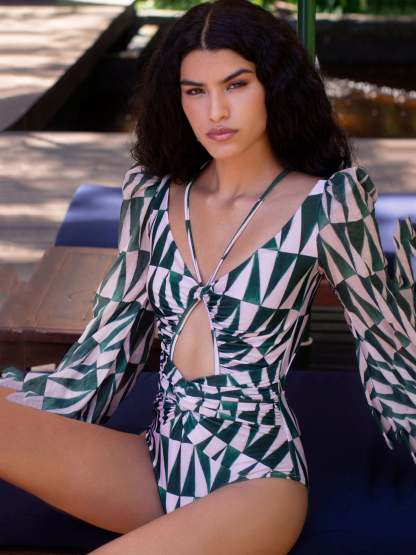 Longsleeves Printed Cutout Backless One- Piece Swimsuit