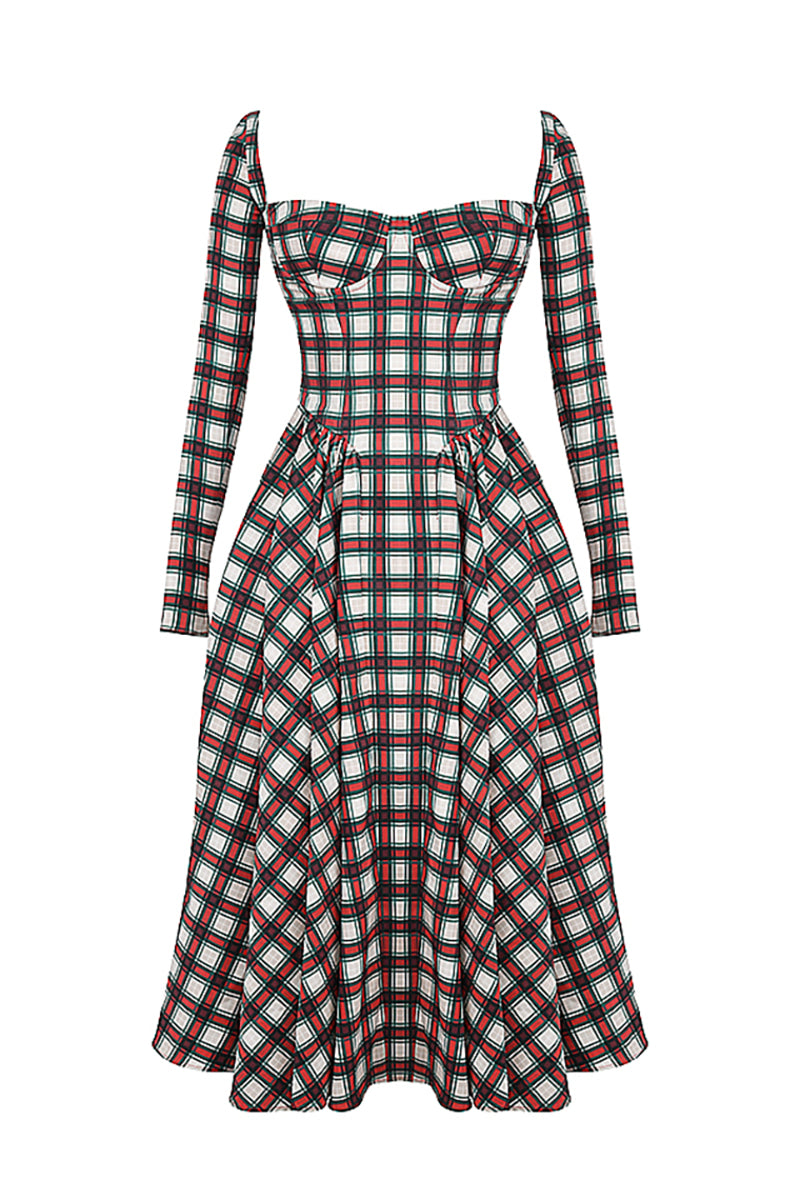 Plaid Pattern Long Sleeve Corset A-Line Pleated Midi Dresses-Red