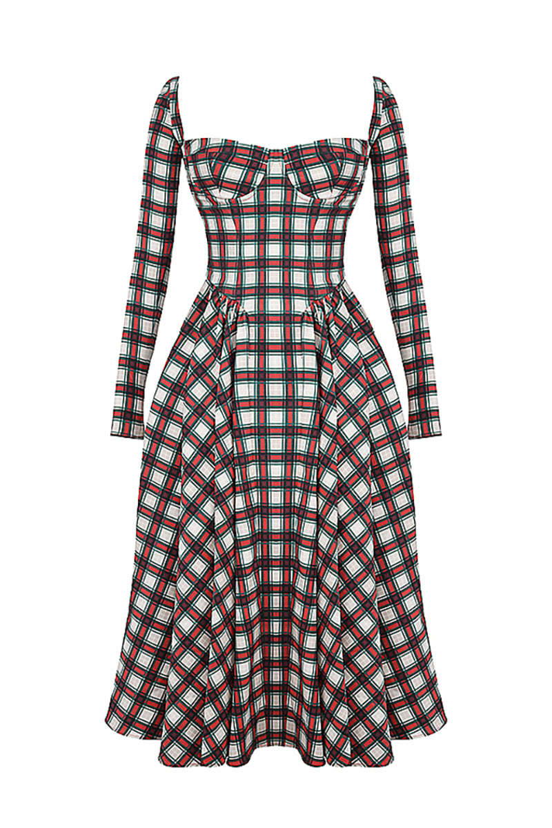 Plaid Pattern Long Sleeve Corset A-Line Pleated Midi Dresses-Red