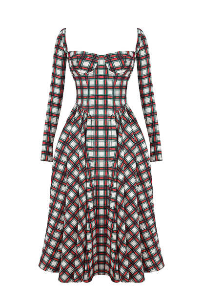 Plaid Pattern Long Sleeve Corset A-Line Pleated Midi Dresses-Red