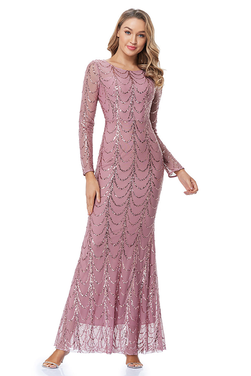 Sequin Slim Prom Mermaid Long Sleeve Maxi Dresses