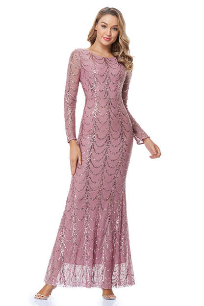 Sequin Slim Prom Mermaid Long Sleeve Maxi Dresses