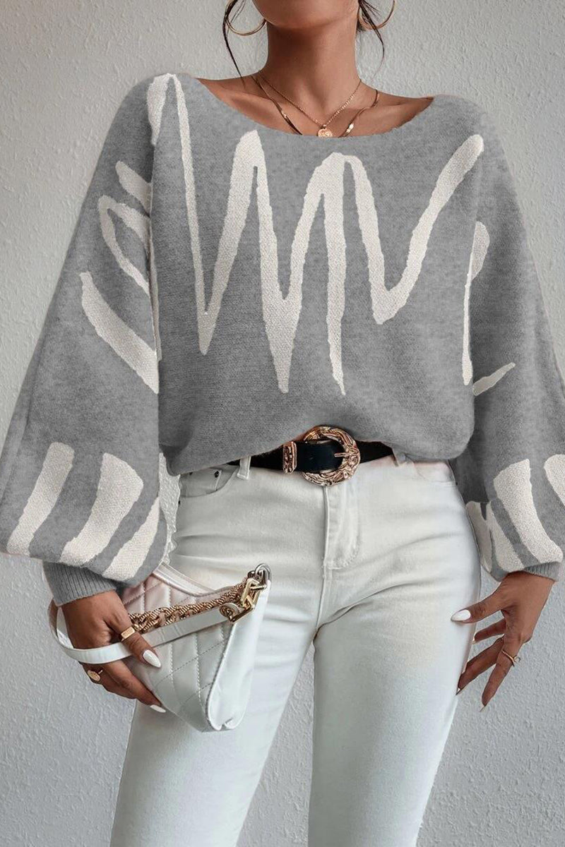 Knit Pattern Print Balloon Sleeve Sweater-Blue