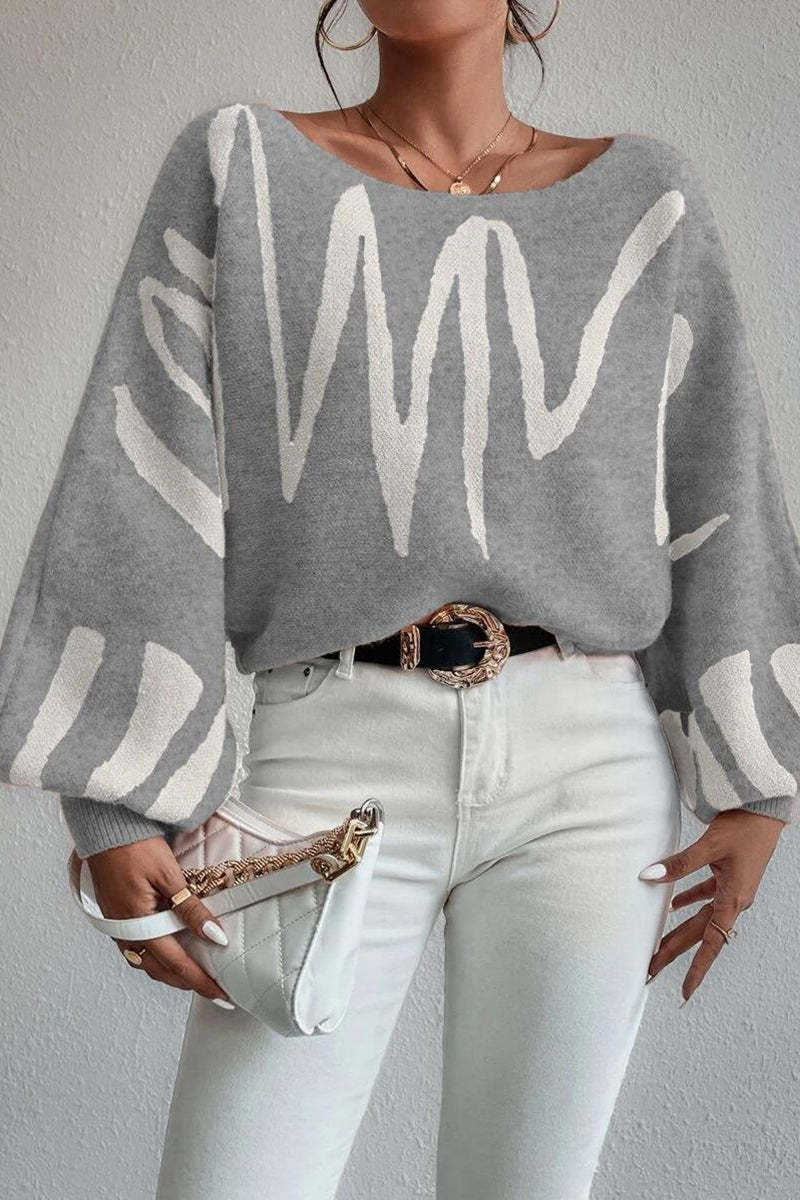 Knit Pattern Print Balloon Sleeve Sweater-Blue