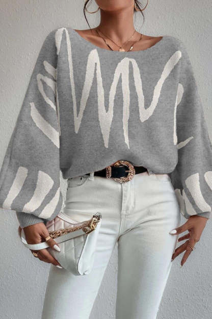 Knit Pattern Print Balloon Sleeve Sweater-Blue