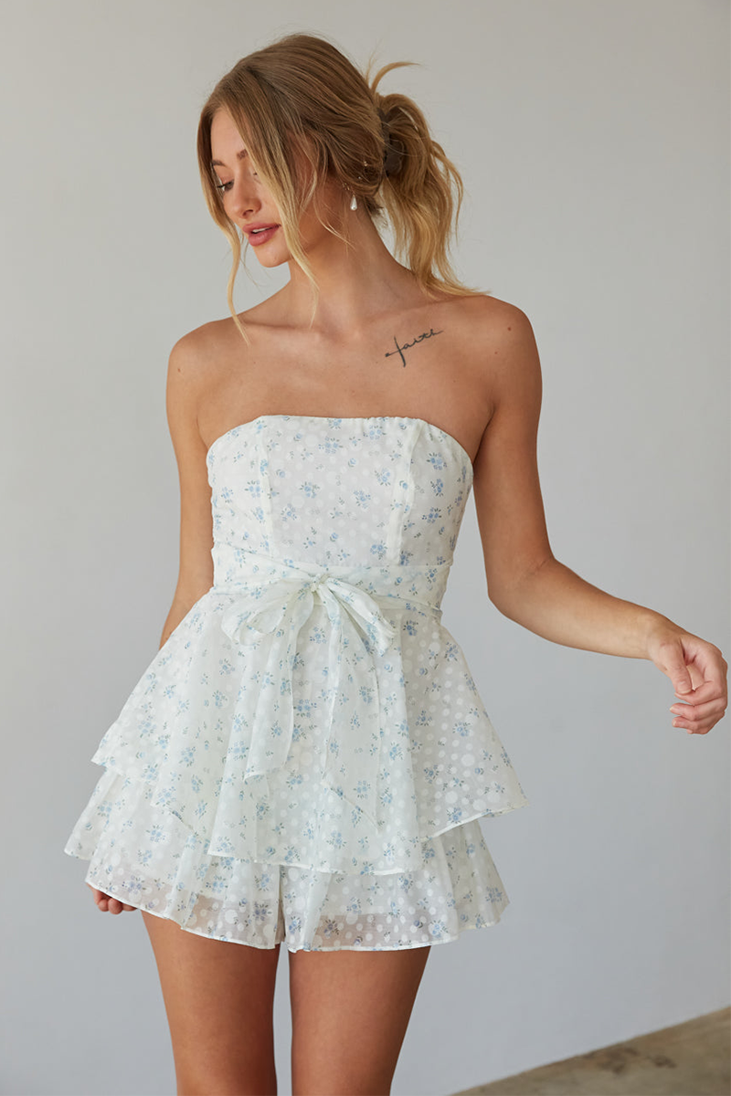 Ditsy Floral Print Tie Up Tiered Strapless Playsuit Romper-White