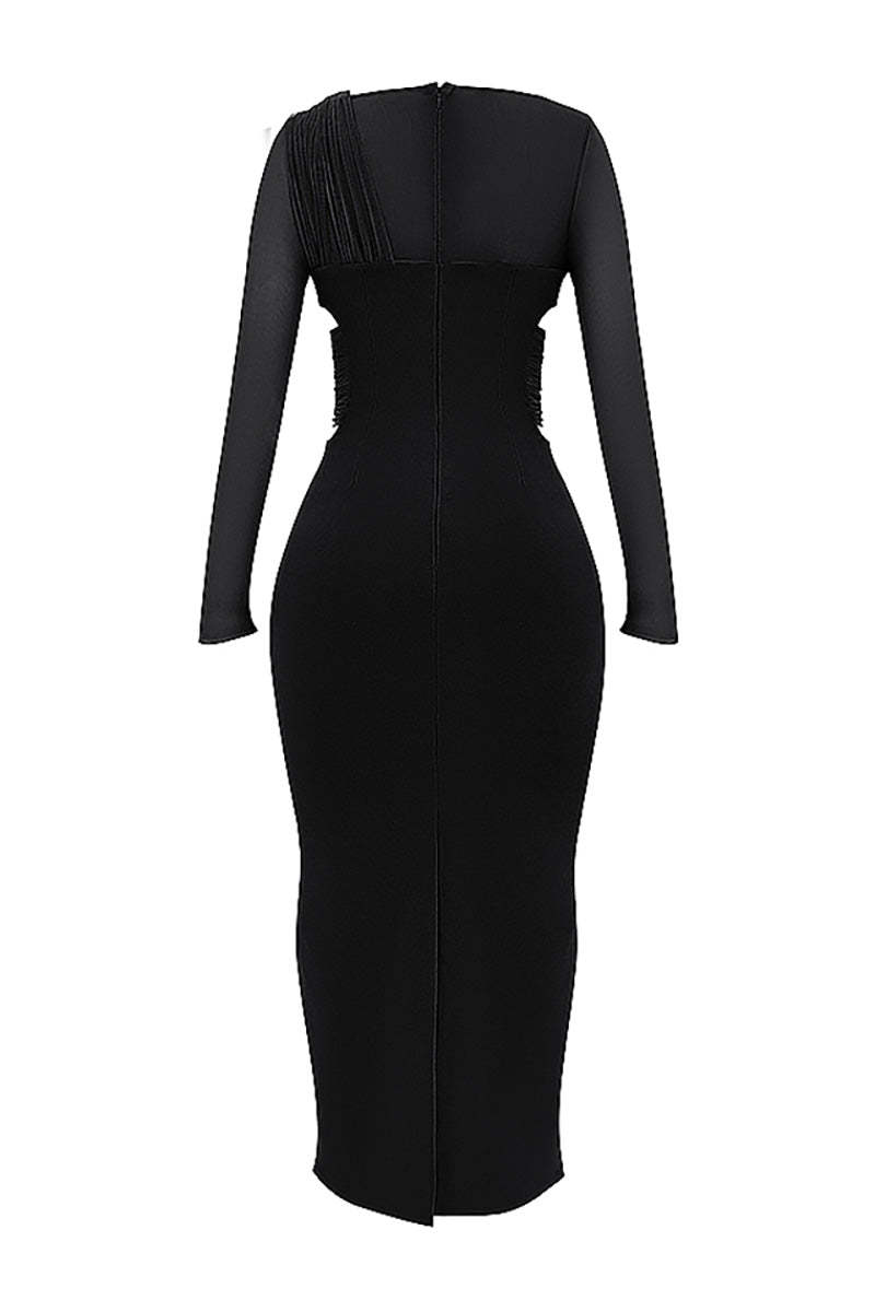Irregular Cutout Long Sleeve Slim Fit Mesh Maxi Dresses-Black