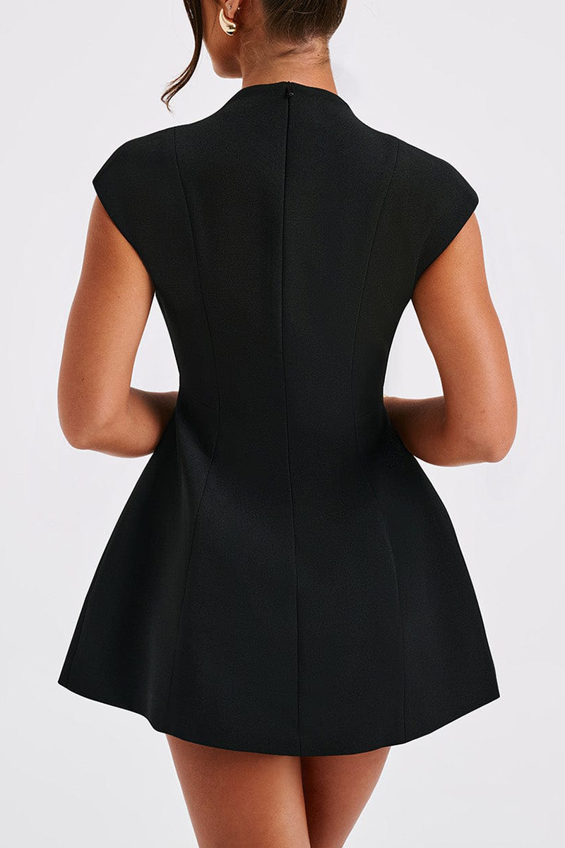 Deep V Neck Short Sleeve A-Line Bubble Shaped Hem Mini Dresses-Black