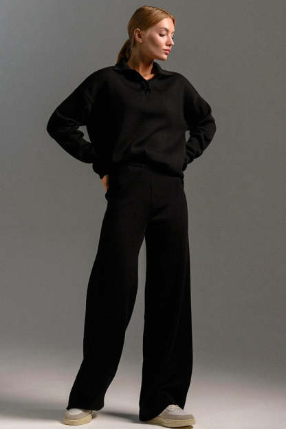 Knit Turndown Collar Sweater Plain Wide Leg Pants Matching Set-Beige