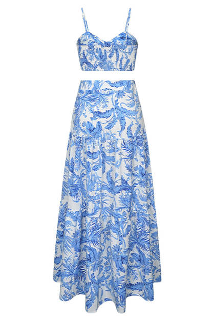 Cami Cutout Tied Up Ruched Tube Top Tiered Pleated Maxi Skirt Floral Print Vacation Matching Sets