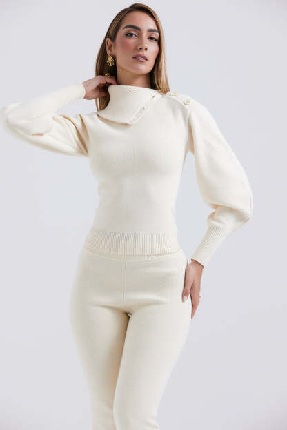 Irregular Folded Stand Collar Lantern Sleeve Sweater Plain Pants Matching Set-Beige