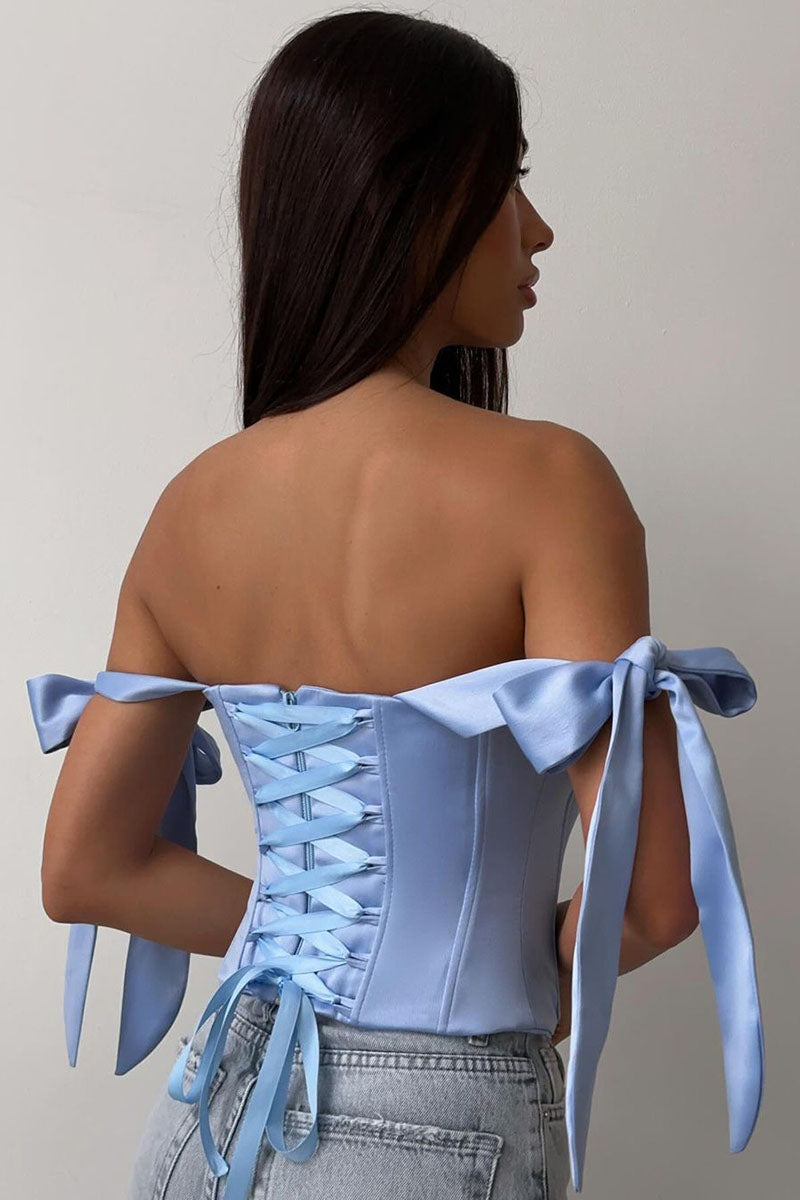 Off Shoulder Ribbon Decor Asymmetric Hem Party Plain Corset Top-Blue